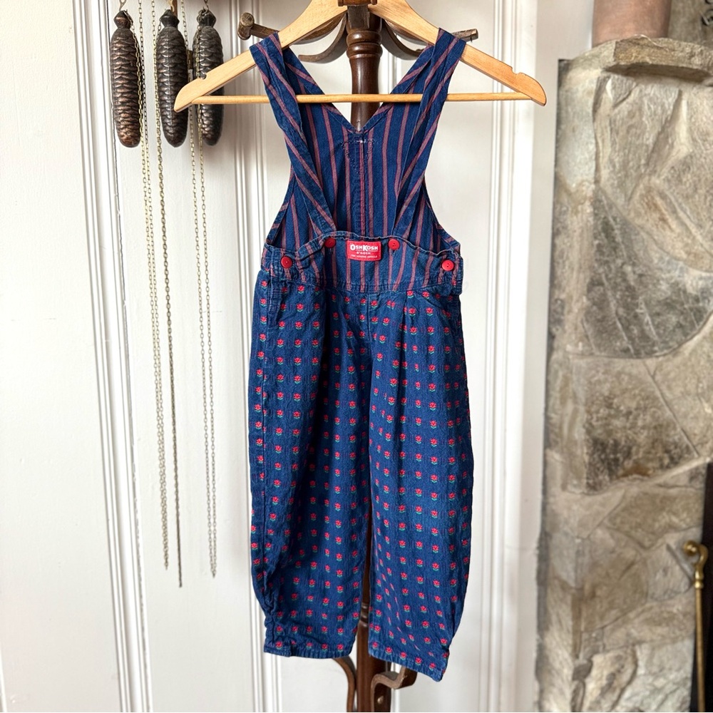 OshKosh B'gosh Stripes & Embroidered Rose Vintage 90s Denim Overalls